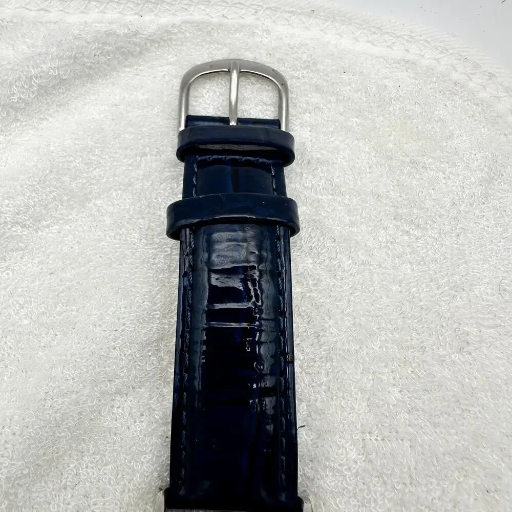 Chico's Quartz Watch Blue Leather Strap Rhinestone Bezel Roman Dial